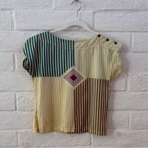 Gucci Short Sleeve Striped Patchwork Top in Teal, Cream & Brown